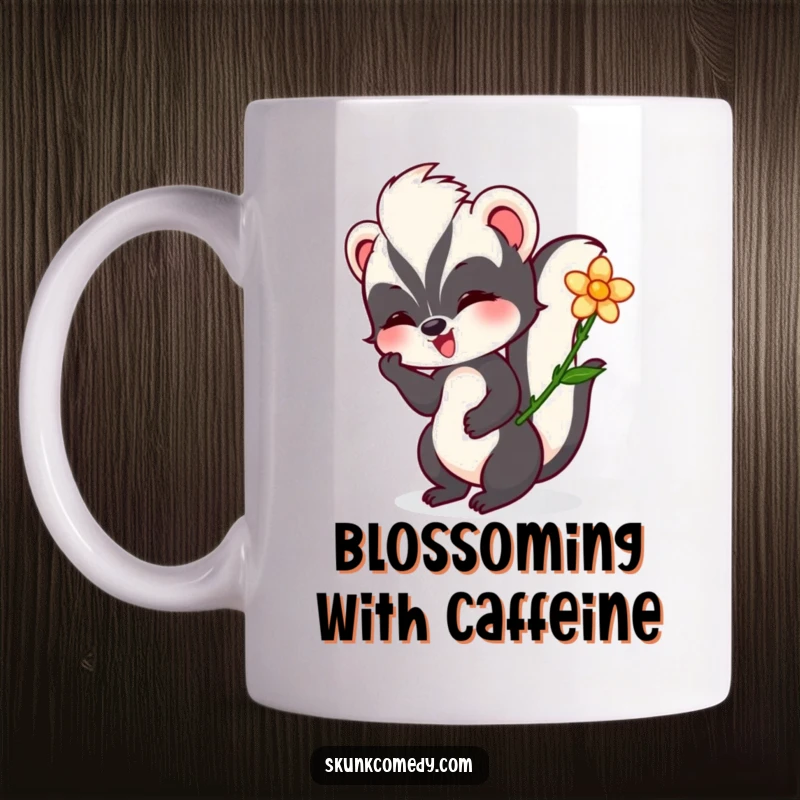 Funny skunk mug showing a skunk happily twirling a delicate flower in its paw, exuding a sense of peaceful delight.