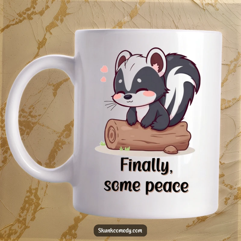 Funny skunk log mug, a skunk sits on a comfortable log with a relieved sigh, capturing a moment of peace.