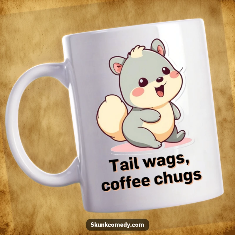 Funny mug with a creature gleefully wiggling its fluffy tail, expressing pure, uncontainable delight and happiness. A truly joyful design.