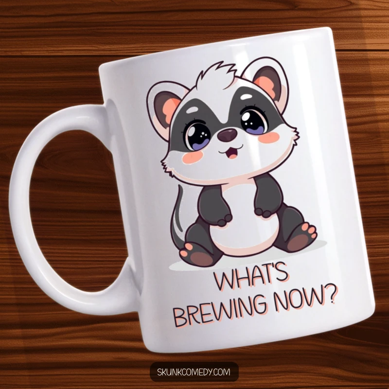 Funny Kawaii Skunk mug featuring a cute skunk with surprised, wide eyes looking upwards, embodying amusing awe and wide-eyed wonder.