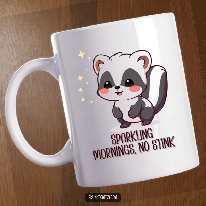 Funny Kawaii Skunk mug featuring a cute skunk emitting tiny, harmless sparkles of joy, radiating happiness and charm.