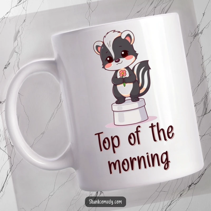 Funny mug featuring a proud skunk standing regally on a tiny pedestal, holding a small flower.