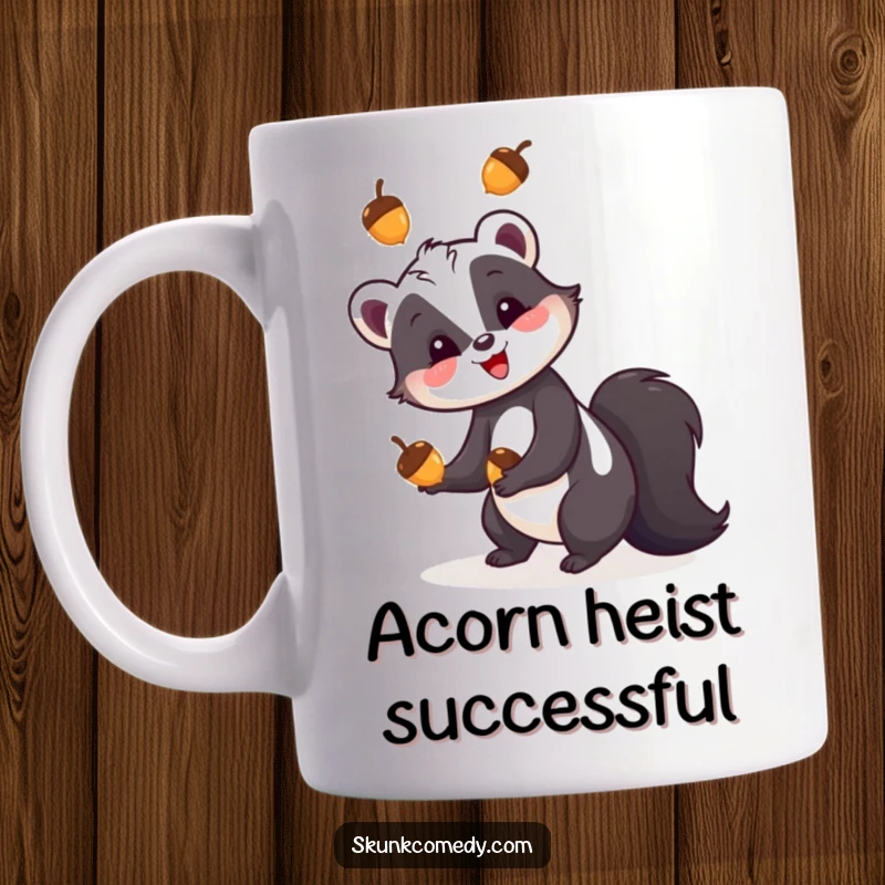 Funny skunk mug, a skunk happily juggling three colorful acorns with concentration and a slight smile.