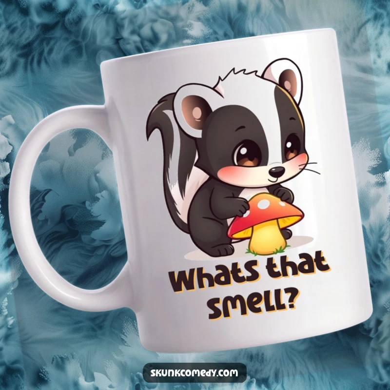 Funny mug featuring a wide-eyed skunk curiously sniffing a bright, glowing mushroom in a forest setting, expressing pure amazement.