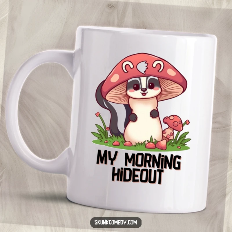 Funny skunk peeking from behind a giant colorful mushroom, whimsical forest scene, cute animal mug, humorous gift.