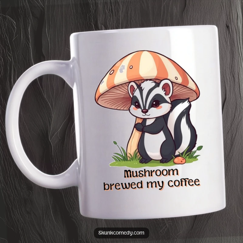 Funny skunk mug featuring a skunk peeking playfully from behind a large, colorful striped mushroom, adding a touch of whimsy.
