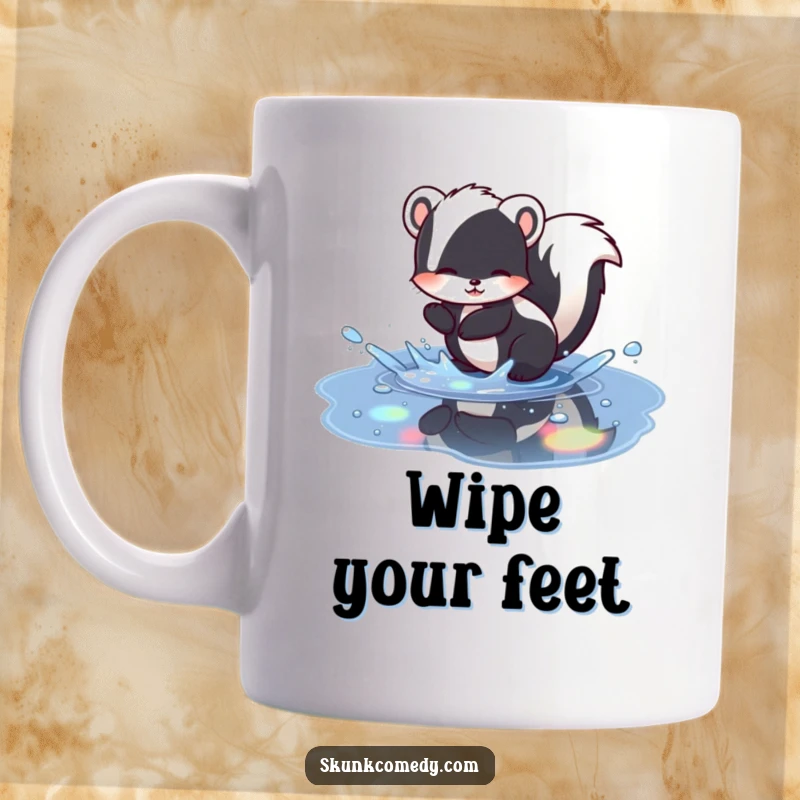 Funny skunk mug illustrating a happy skunk splashing in a puddle with vivid rainbow reflections, a cheerful and amusing design.