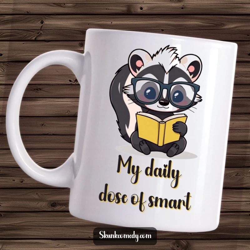 Funny skunk wearing oversized glasses intently reading a tiny book on a ceramic mug, embodying studious amusement.