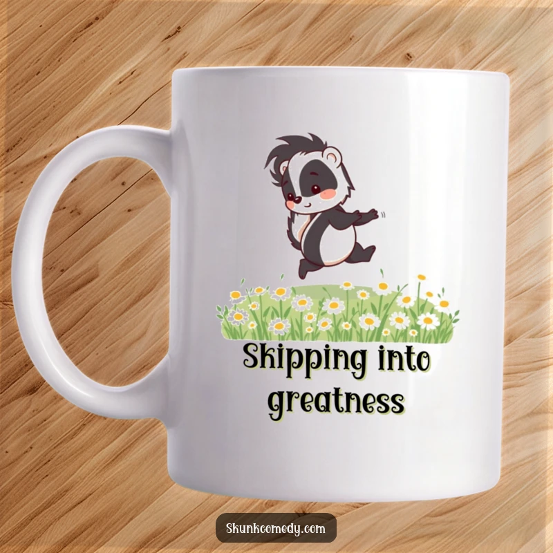 Funny skunk mug featuring a happy skunk joyfully skipping through a vibrant field of daisies.