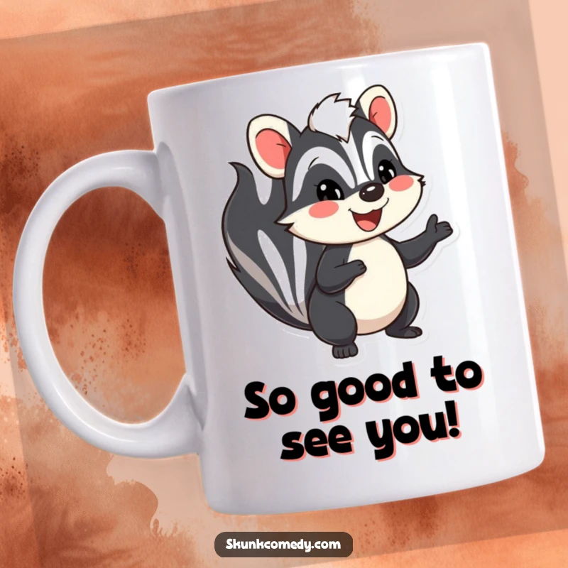 Funny skunk mug with a big smile, waving hello cheerfully, perfect for a humorous gift and animal lovers.