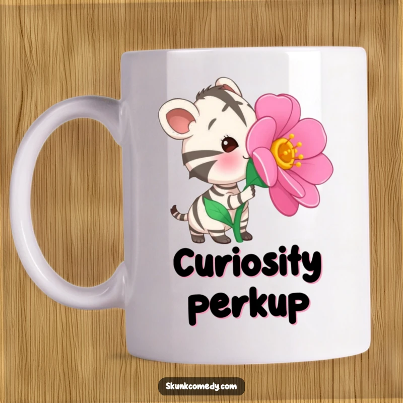 Funny Striped Animal Mug featuring a curious striped creature intently sniffing a large, colorful, oversized flower with fascination.