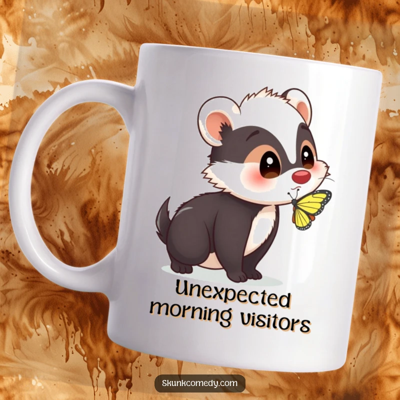 Funny skunk with wide eyes and a surprised expression as a colorful butterfly lands on its nose, on a ceramic mug.
