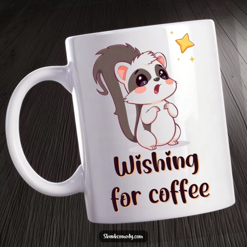 Funny, surprised skunk looks up at a falling star with wide eyes, showcasing whimsical humor on this mug.