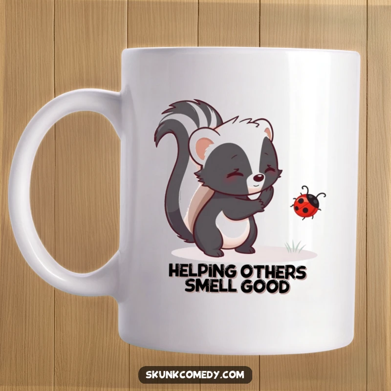 Funny skunk mug showing a skunk gently nudging a lost ladybug, embodying kindness and helpfulness.