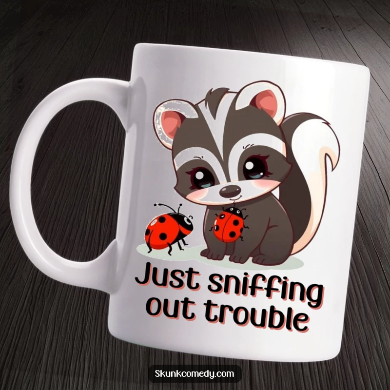 Funny skunk with big twinkling eyes curiously watches a tiny ladybug on a leaf, cute animal art, perfect gift.