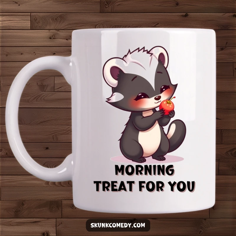 Funny mug featuring a shy skunk hesitantly offering a small, softly glowing berry with kindness.
