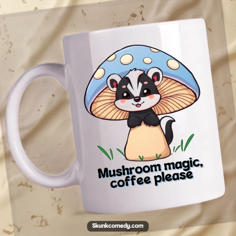 Funny skunk mug featuring a skunk peeking with wide-eyed wonder from behind a large, colorful, enchanting mushroom.