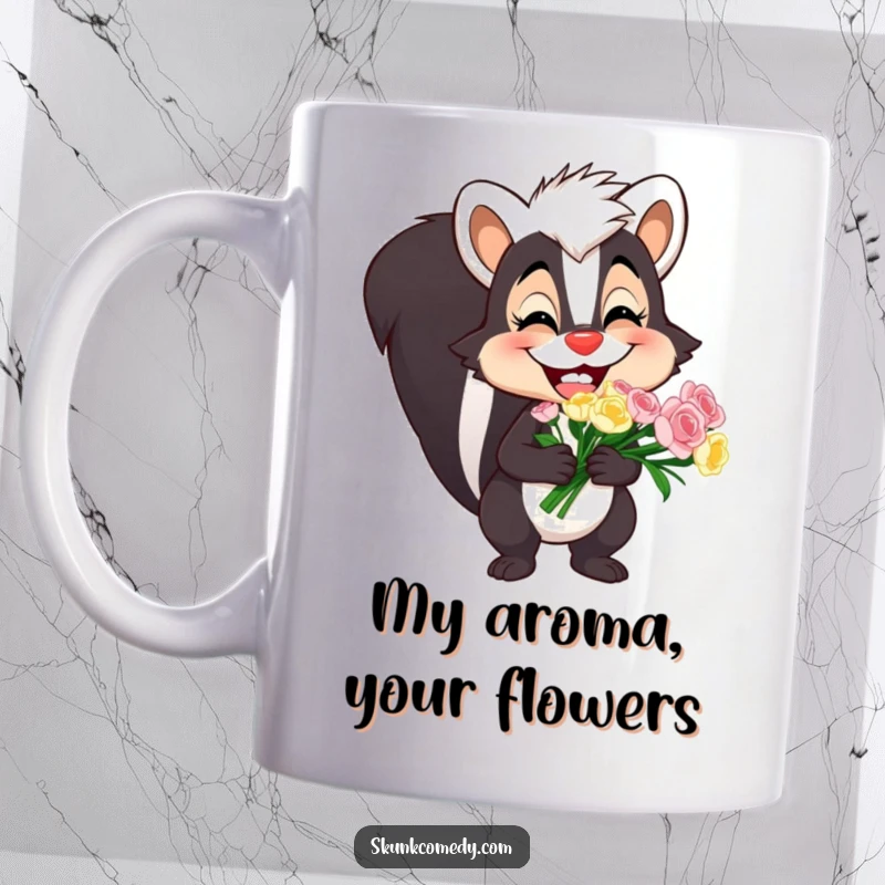 Funny skunk mug with a huge, silly grin presenting a colorful bouquet of flowers, perfect for lovers of quirky humor.