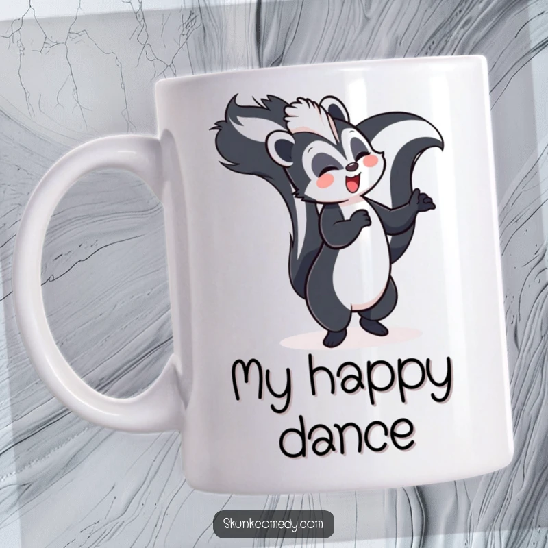 Funny skunk mug, joyfully dancing with its tail held high, symbolizing celebration and happiness.