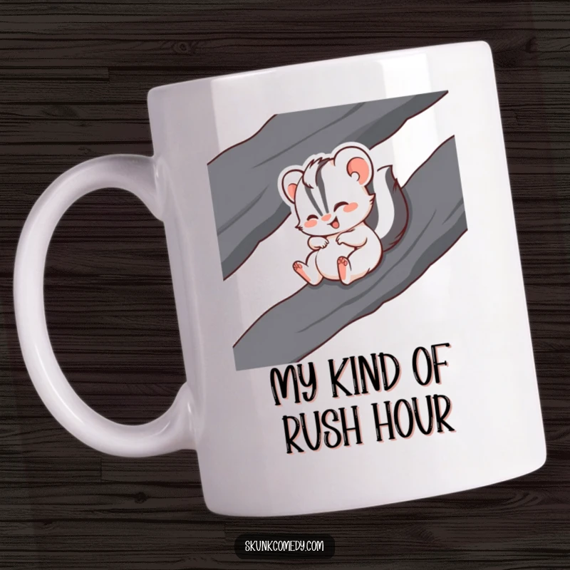 Funny mug featuring a giggling skunk joyfully sliding down a smooth, dark rock with pure delight.