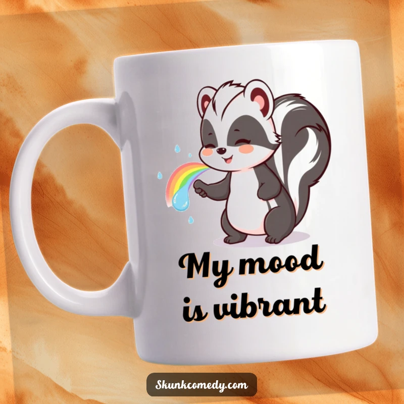 Funny skunk mug depicting a cute skunk happily spraying a vibrant rainbow instead of its usual spray.