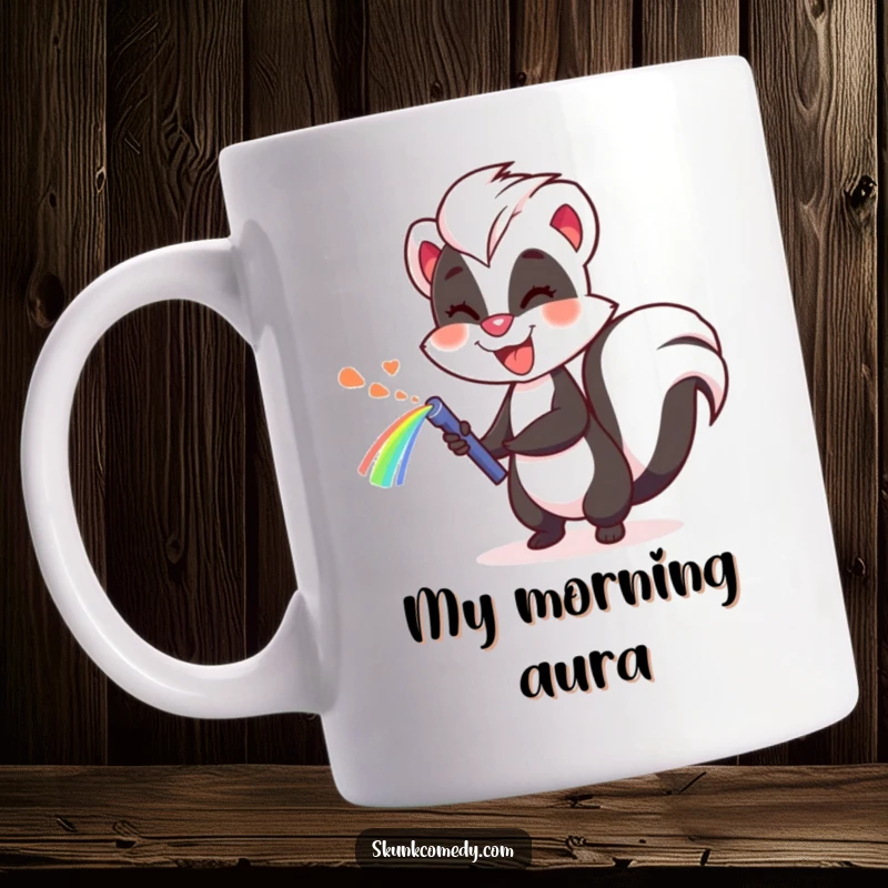 Funny skunk mug, cheerfully spraying a vibrant rainbow with a big grin, perfect for a unique gift.