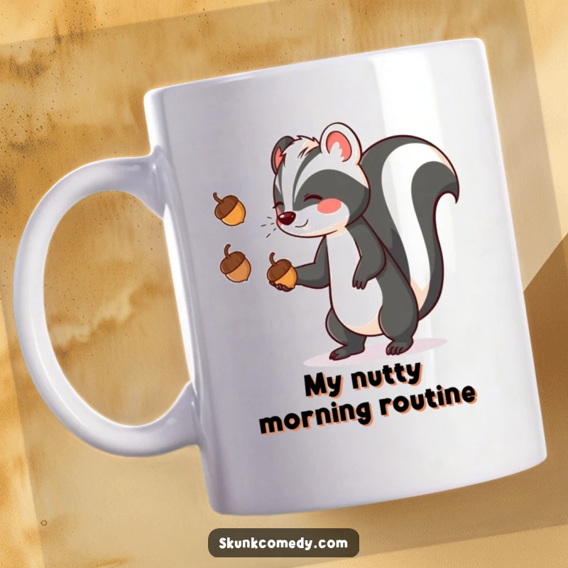Funny skunk juggling three acorns with amazing dexterity on a ceramic mug, showcasing its impressive circus-like skills.
