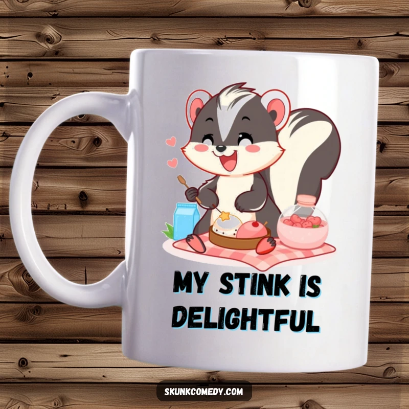 Funny skunk mug with a wide, happy smile enjoying a picnic, radiating pure joy and friendship.