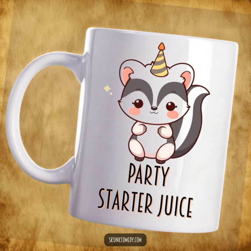 Funny Kawaii Skunk Mug with a small, celebratory party horn, ready to cheer and bring festive joy for gifting.
