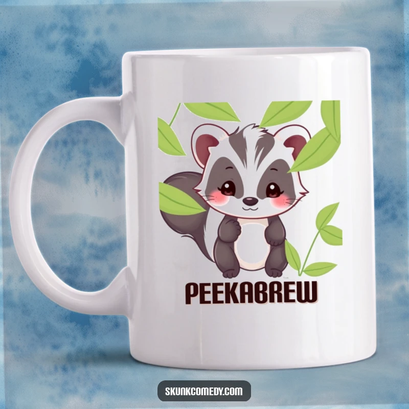 Funny Kawaii skunk mug showing a shy skunk with a sweet smile peeking from behind green leaves.