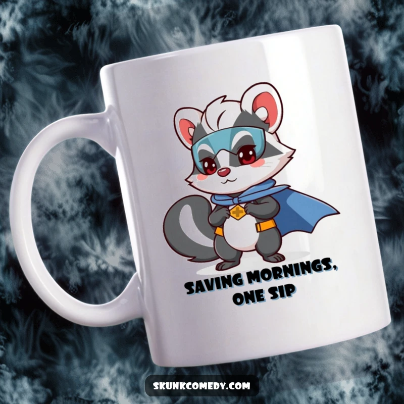 Funny skunk mug showing a skunk dressed as a superhero, complete with a flowing cape and determined expression.