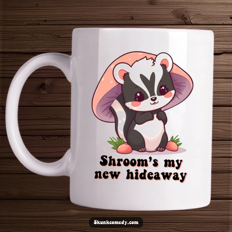 Funny kawaii skunk peeking playfully from behind a giant mushroom, showcasing curiosity and cuteness on this mug.