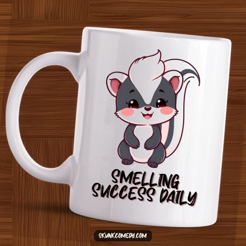 Funny Kawaii Skunk mug with a friendly smile and a fluffy tail held high, embodying cheerful, approachable, and cute woodland vibes.