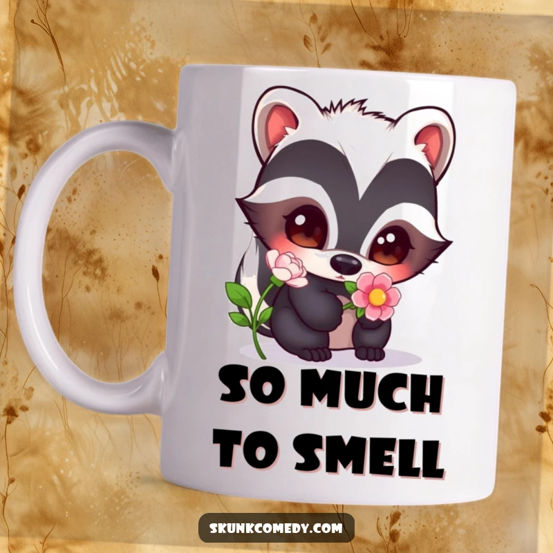 Funny skunk with wide, curious eyes, gently sniffing a colorful flower on this delightful mug.