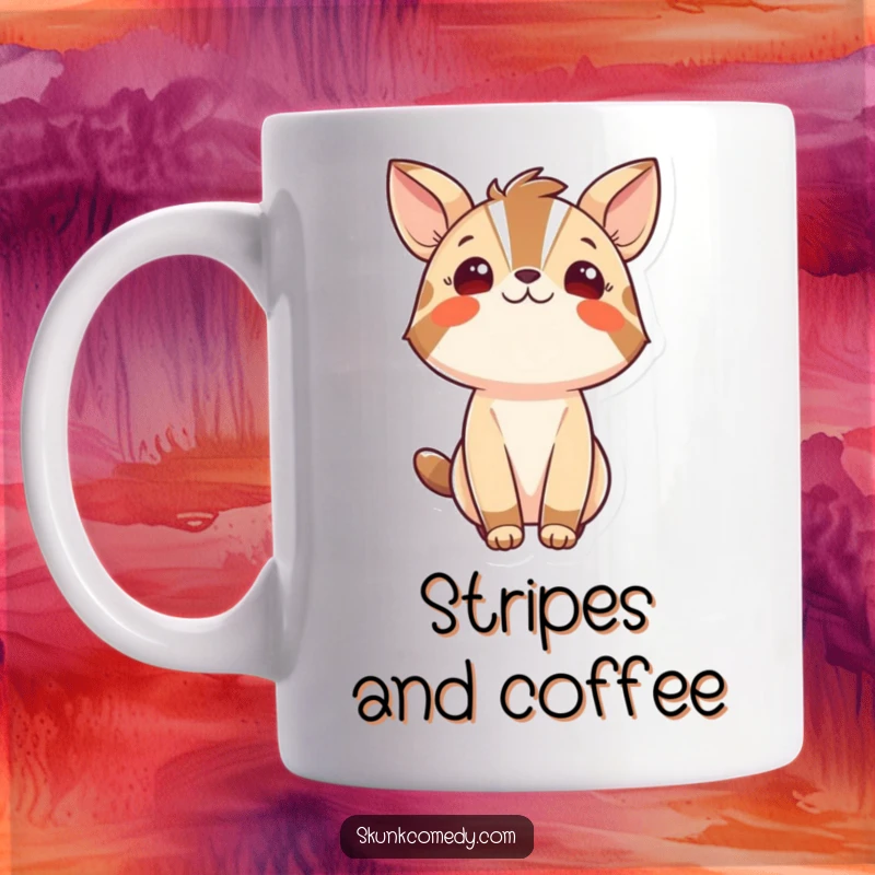 Funny mug with a charismatic animal character, defined by a bold stripe, looking upwards with wide eyes filled with pure wonder and curiosity.
