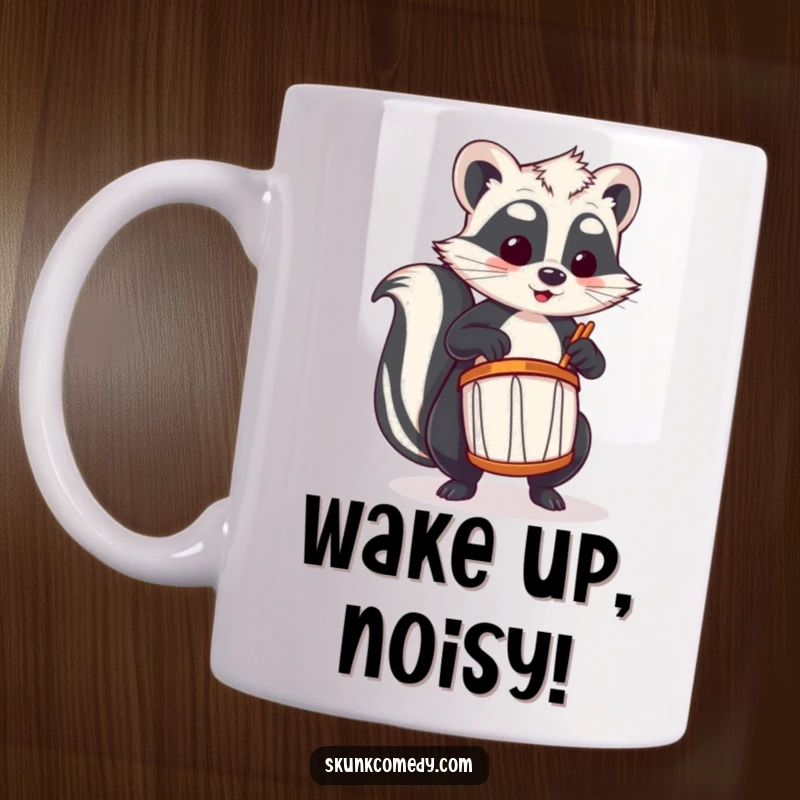 Funny skunk mug showing a skunk enthusiastically playing a tiny drum with great concentration and joy.