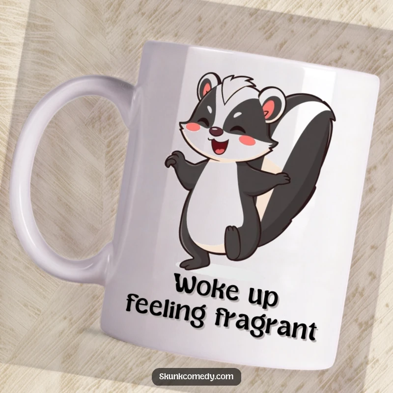Funny skunk mug, a black and white skunk doing a joyful jig with its striped tail held high in the air.