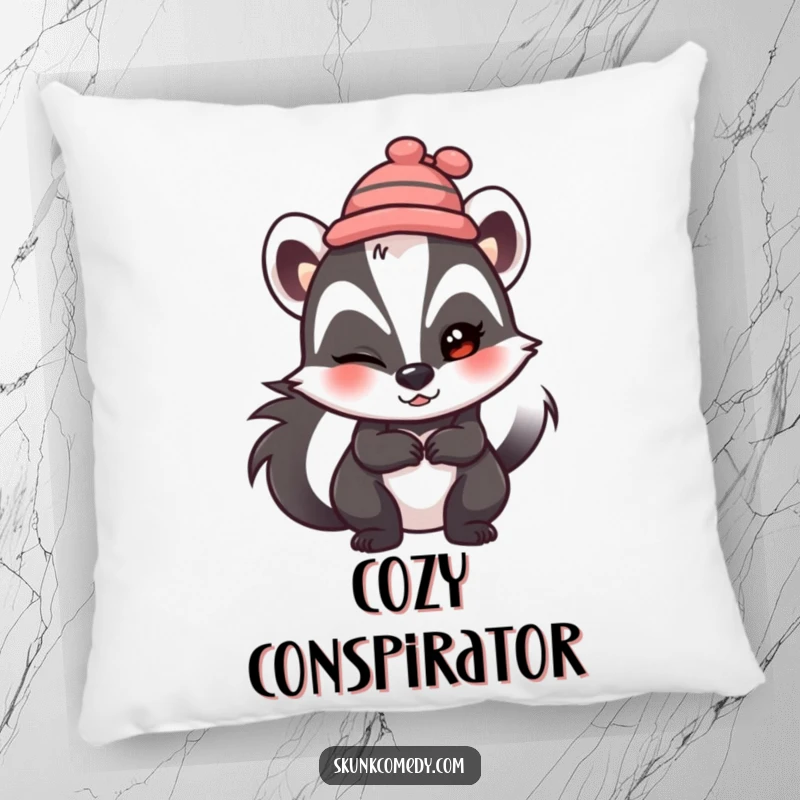 Funny skunk pillow, wearing a tiny hat, winking mischievously, soft and humorous decorative accent.