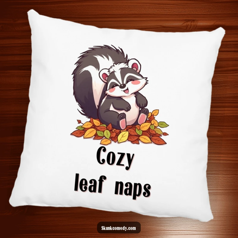 Funny skunk pillow featuring a happy skunk tumbling in autumn leaves, a cozy and cheerful accent.