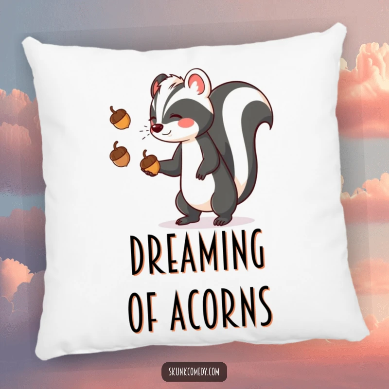 Soft, plush pillow featuring a funny skunk skillfully juggling three acorns, adding a touch of whimsical humor to any space.