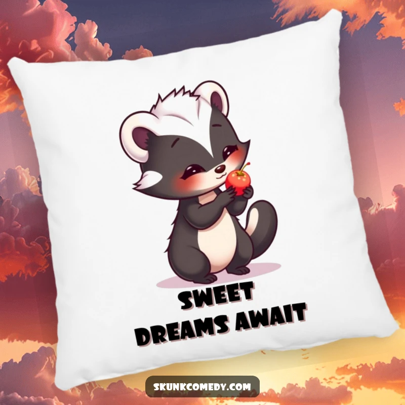 Funny pillow with a shy skunk offering a small, glowing berry with a timid and sweet expression.
