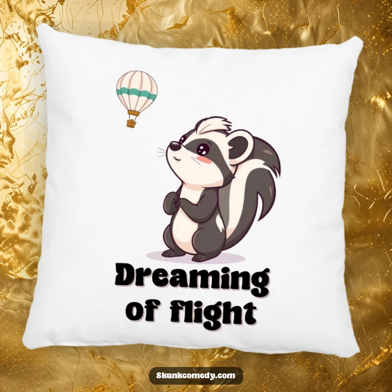 Funny skunk pillow featuring a skunk looking up with excitement at a hot air balloon, offering cozy comfort and imaginative humor.
