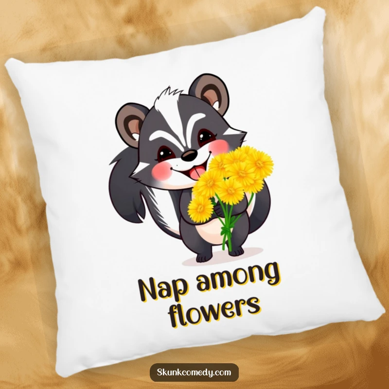 Funny skunk pillow featuring a skunk with a wide grin holding oversized dandelions, offering cozy comfort and cheerful humor.