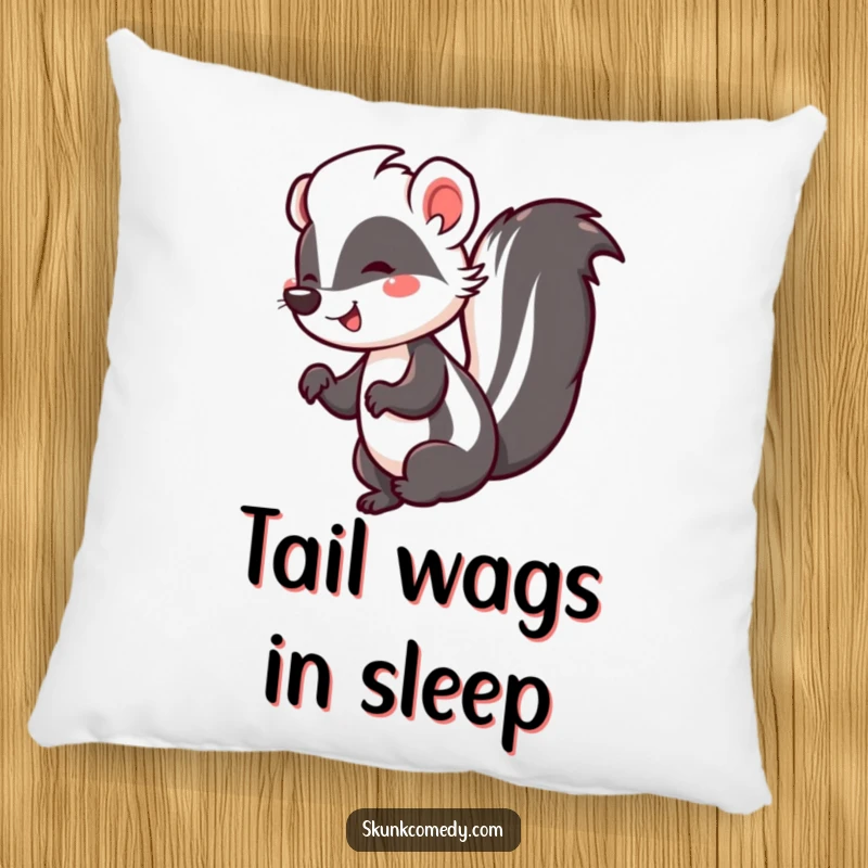 Funny and soft pillow featuring a happy skunk doing a cheerful jig, its tail held high, creating a dynamic and inviting shape.
