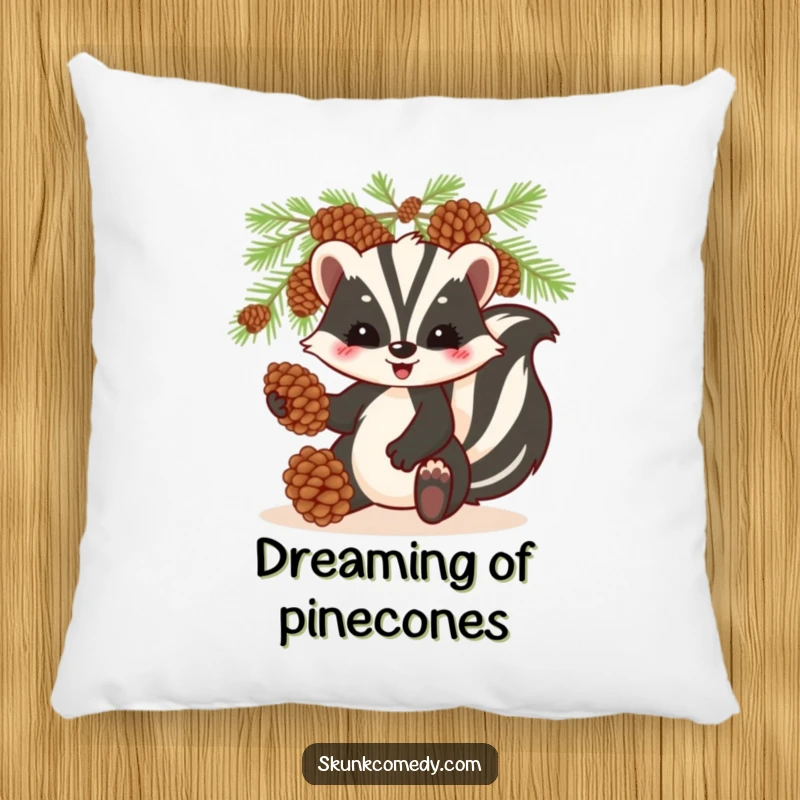 Funny skunk pillow, playfully juggling pinecones, soft and humorous decorative pillow for comfort.