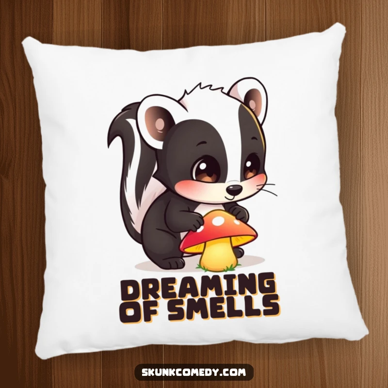Funny and soft pillow featuring a curious skunk with wide eyes sniffing a glowing mushroom, offering comfort and woodland charm.