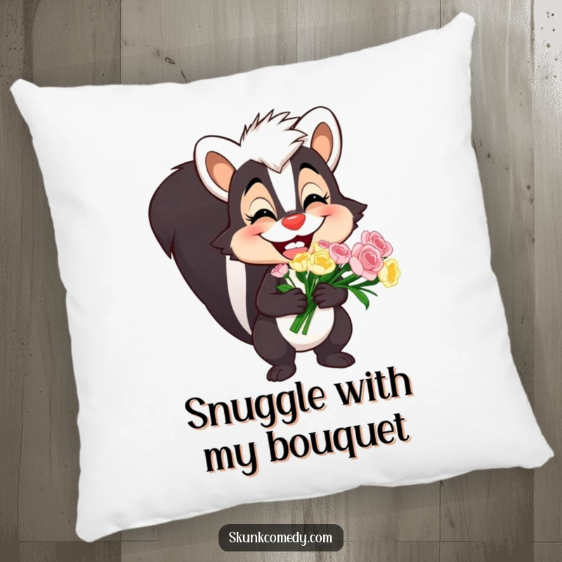 Funny skunk pillow with a large, silly grin and a bouquet of flowers, offering comfort and humor.
