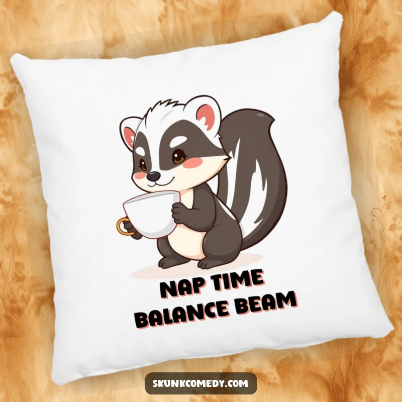 Funny skunk pillow showing a skunk concentrating hard while balancing a teacup on its nose, adding charm.