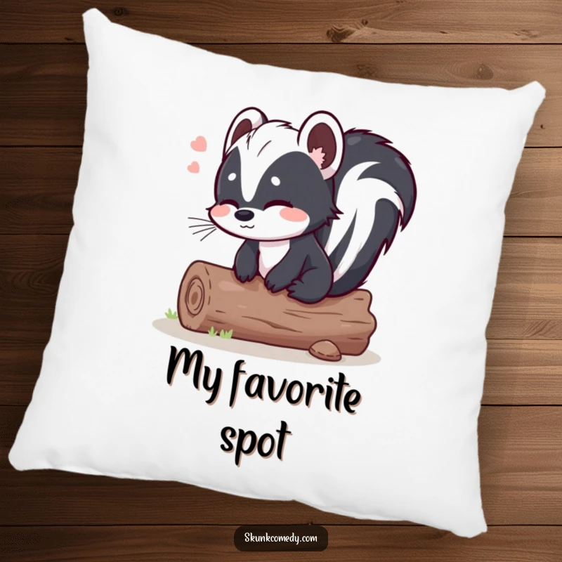 Funny skunk log pillow, a skunk sits on a comfortable log with a relieved sigh, soft and humorous decorative cushion.