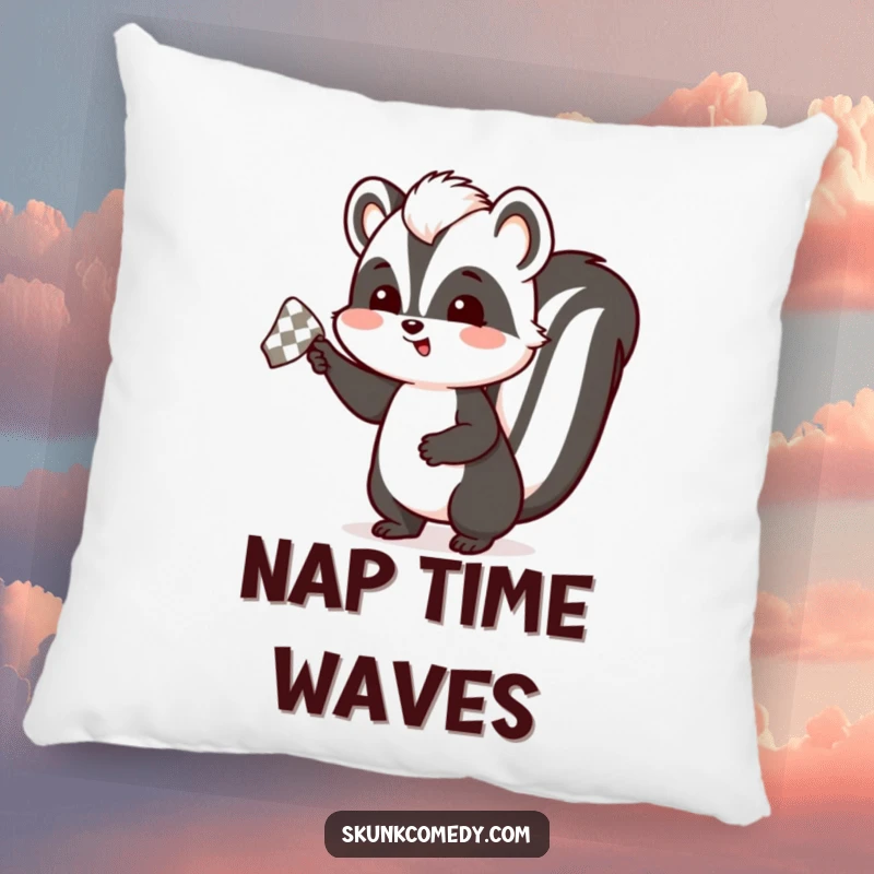 Funny skunk pillow featuring a skunk enthusiastically waving a checkered handkerchief, offering cozy comfort and humorous farewell vibes.
